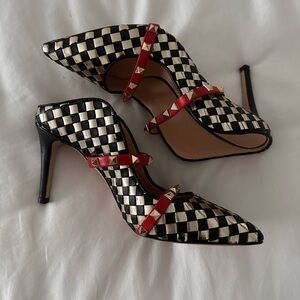 Elegant Black and Gold Checkered Heels with Red Accents